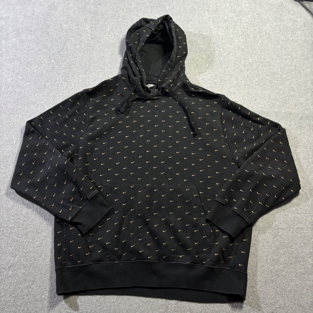 Nike Hoodie Men's Large Black Gold Club Fleece All-Over Mini Swoosh CJ5405-010
